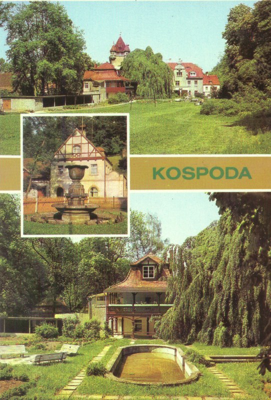 eine Postkarte aus den achtziger Jahren. Der untere Teil der Karte gibt einen Einblick in den Schlossgarten mit der Wohnung des vom Schlossherren damals angestellten Jägers